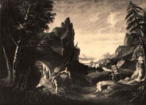 Gebirgige Fluslandschaft Mit Reisenden by Felix Meyer