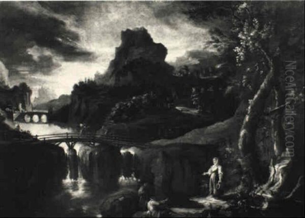Gebirgige Fluslandschaft Mit Zwei Brucken - view 1