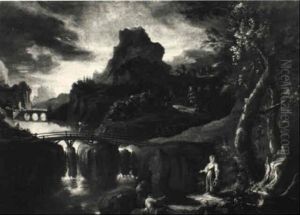 Gebirgige Fluslandschaft Mit Zwei Brucken by Felix Meyer