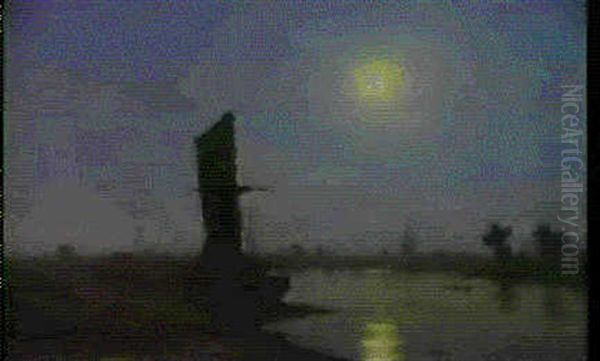 River Scene, Rouen, Moonlight & Figures On A Track By Moonlight, A Windmill Beyond - view 1