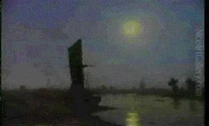 River Scene, Rouen, Moonlight & Figures On A Track By Moonlight, A Windmill Beyond by Frederick William Meyer