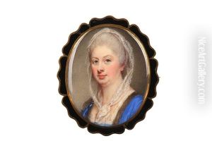 Portrait Miniature Of A Lady, Wearing A Blue Dress Trimmed With Fur, White Lace