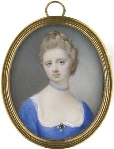 Bildnis Einer Jungen Frau Mit Hochgesteckten Haaren Im Blauen, Dekolletierten Kleid Mit Blauem Halsband