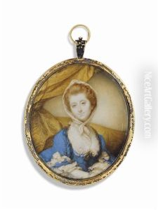 A Young Lady Called Lady Emilia Mary Gordon Lennox (1731-1814), In Blue Dress With White Lace Trim, Gold Curtain Background
