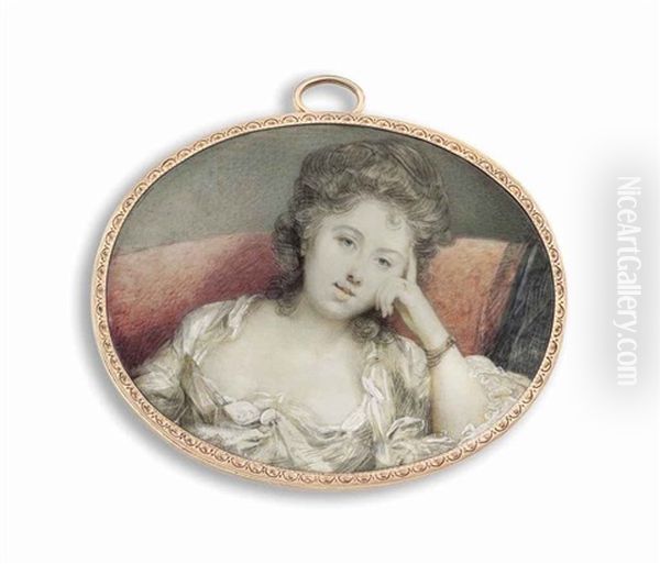 A Young Lady, In Decollete White Dress And Robe, Her Partially Upswept Powdered Hair Dressed In Ringlets, Seated On Red Sofa With Black Throw - view 1