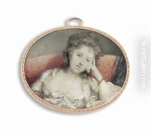 A Young Lady, In Decollete White Dress And Robe, Her Partially Upswept Powdered Hair Dressed In Ringlets, Seated On Red Sofa With Black Throw A Young Lady, In Decollete White Dress And Robe, Her Partially Upswept Powdered Hair Dressed In Ringlets, Seated On Red Sofa With Black Throw