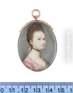 A Lady, Wearing Pink Figured Gown With White Lace Slip, Black Choker, Diamond Earring, Natural Wig Dressed With Pearls And Pink Ribbons