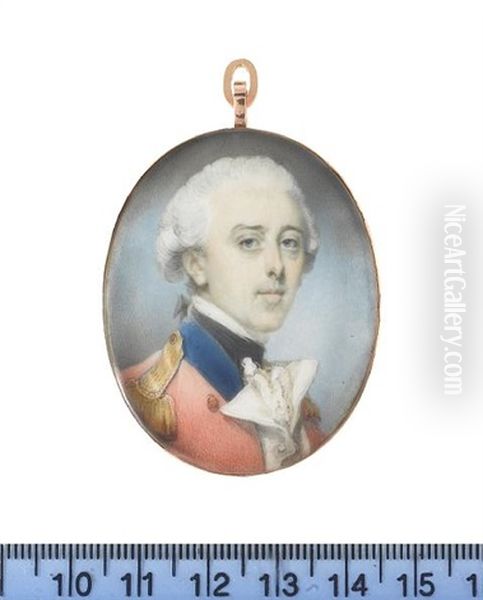An Officer, Wearing Uniform Of Red Coat, Blue Collar, Gold Epaulettes, White Waistcoat, Chemise And Black Stock, His Powdered Wig Worn En Queue With A Bow - view 1