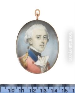 An Officer, Wearing Uniform Of Red Coat, Blue Collar, Gold Epaulettes, White Waistcoat, Chemise And Black Stock, His Powdered Wig Worn En Queue With A Bow by Jeremiah Meyer