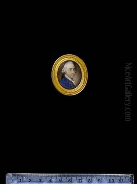 A Gentleman, Wearing Blue Coat, The Lapels Embroidered With Gold, White Chemise With Frilled Lace Cravat And Powdered Wig Worn En Queue With A Black Ribbon Bow - view 1