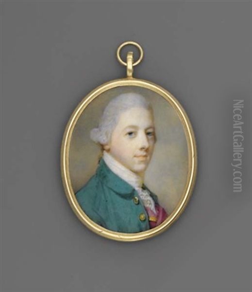A Young Gentleman, In Green Coat With Gold Buttons, Gold-bordered Deep Pink Waistcoat And Lace Cravat - view 1