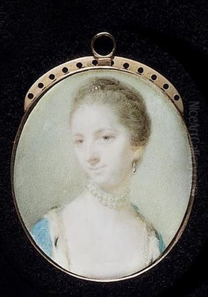 A Lady Wearing Ermine-trimmed Blue Open Robe, Choker Of Crossed Strands Of Pearls, Drop Pearl Earring And Pearls In Her Upswept Hair - view 1