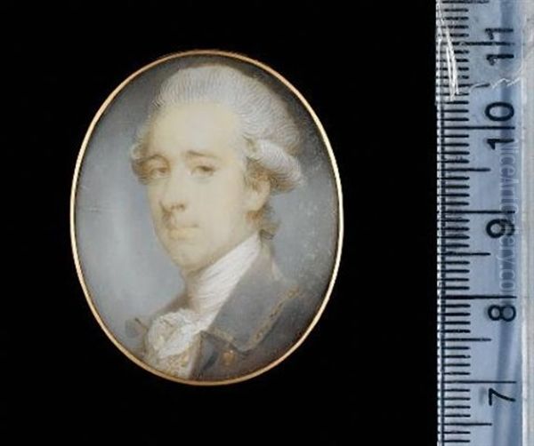A Gentleman, Wearing Grey Coat Trimmed With Gold Ribbon, White Waistcoat, Frilled Chemise And Stock, His Powdered Wig Worn En Queue - view 1