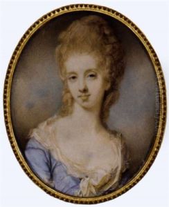 A Young Lady In Pale Blue Dress With Lace-bordered Underdress With Large White Bow At Corsage, Her Fair Hair Curled And Upswept