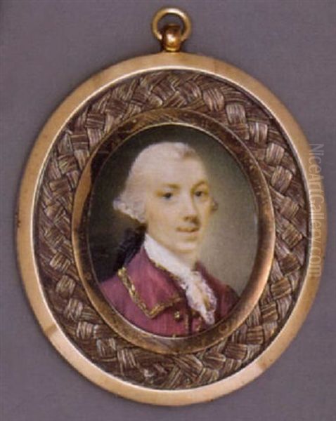 A Young Gentleman In Gold-bordered Maroon Coat With Gold Buttons, Maroon Waistcoat And Lace Cravat, Powdered Hair En Queue - view 1