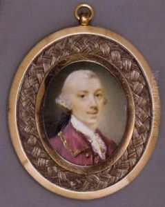 A Young Gentleman In Gold-bordered Maroon Coat With Gold Buttons, Maroon Waistcoat And Lace Cravat, Powdered Hair En Queue by Jeremiah Meyer