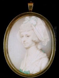 A Lady With Powdered Hair, Wearing White Bonnet With Green Trimmed Bow And White Dress