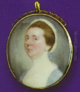 A Rare Portrait Of A Lady, Wearing Low-cut Blue Dress And White Lace Bonnet Trimmed With Blue Ribbon by Jeremiah Meyer