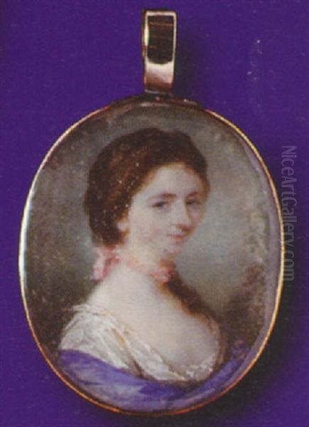 A Young Lady With Brown Hair Falling Over Her Left Shoulder, Over White Low-cut Dress And Pink Choker - view 1