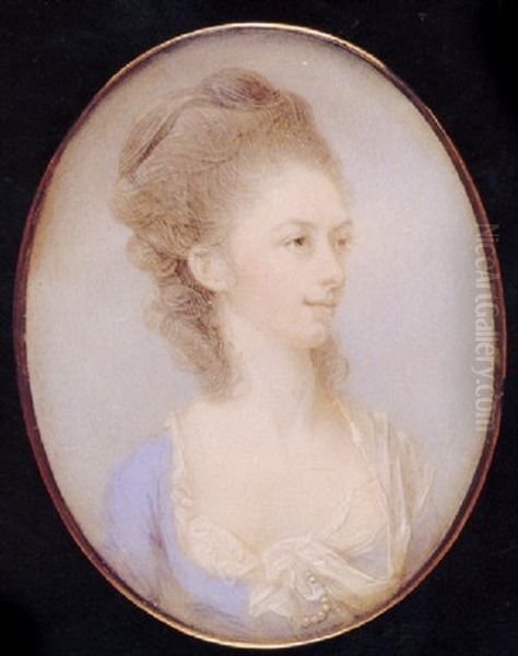 A Lady, In Lilac-coloured Dress With White Underslip, A White Gauze Shawl Held With Pearls Over Her Left Shoulder, Her Hair Curled, Powdered And Upswept - view 1