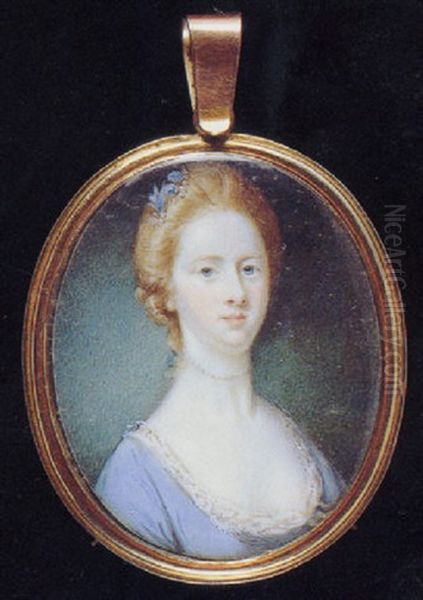 A Lady, In Pale Blue Dress With White Lace Underslip, String Of Pearls Around Her Neck Tied With Blue Ribbon - view 1