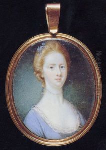 A Lady, In Pale Blue Dress With White Lace Underslip, String Of Pearls Around Her Neck Tied With Blue Ribbon by Jeremiah Meyer