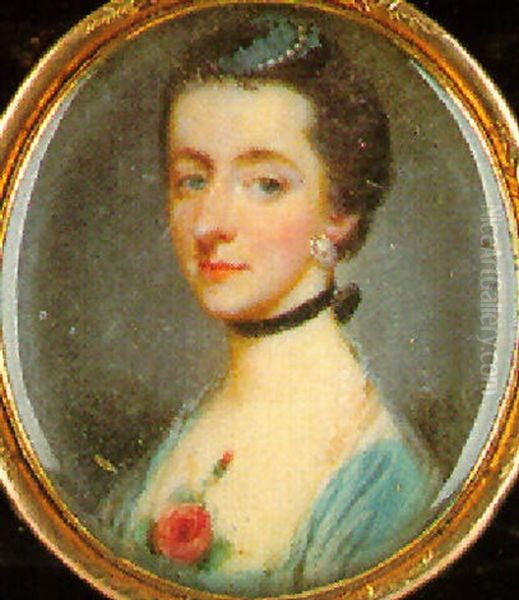 A Portrait Of A Lady (mrs. John Oliver?) Wearing Decollete Blue Dress And Pink Rose At Her Corsage - view 1