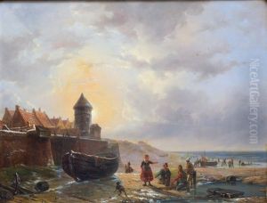 Fishermen And Boats On The Beach by Johan Hendrik Meyer