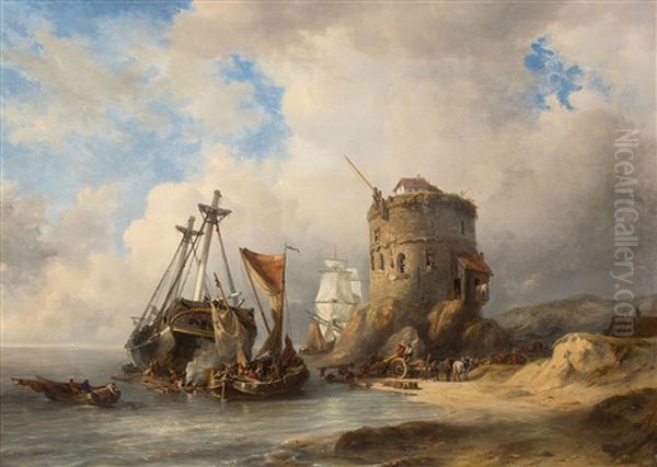 A Coast Scene With Activities Around A Wrecked Ship - view 1