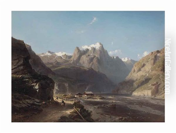 Travellers On A Path Near A Lake In The Alps - view 1