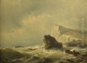 Stormy Coast With Foundering Ship & Rescue Boat