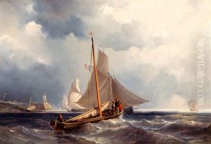 Vissersboten Boten Voor De Kust by Johan Hendrik Meyer