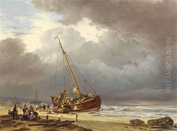 Fishermen Unloading Their Barge On The Beach - view 1