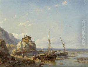Zwei Fischerboote Am Strand Einer Kustenlandschaft by Johan Hendrik Meyer