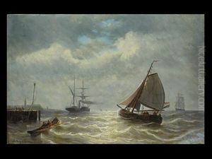 Segler Und Dampfsegler An Der Kuste by Johan Hendrik Meyer