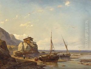 A Coastal Scene With Fishermen On The Beach by Johan Hendrik Meyer