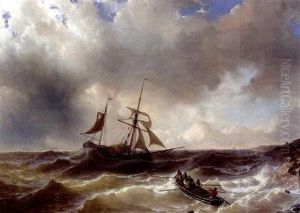 A Two-mast Near The Coast In Choppy Seas by Johan Hendrik Meyer