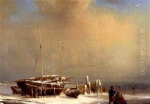 Figures Repairing A Boat On A Frozen Waterway by Johan Hendrik Meyer