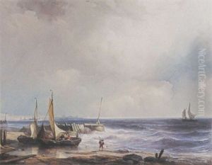 Sailing Vessels On The Shore With Katwijk In The Background