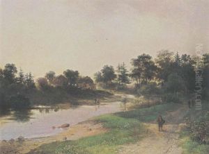 A River Landscape With Figures On A Path A River Landscape With Figures On A Path