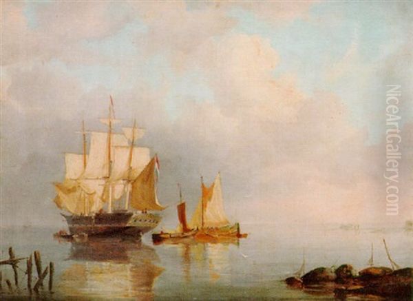 An Anchored Merchantman Off Shore Drying Her Sails, With Barges In Attendance - view 1