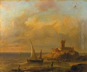 A Coastal Scene With Fishermen, A Fortress On A Rocky Outcrop In The Background