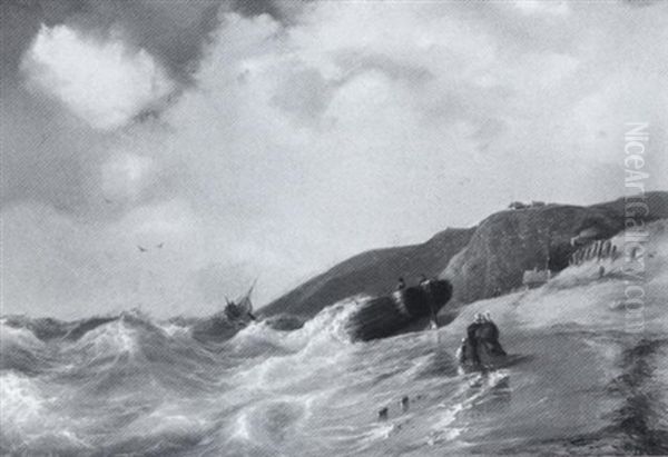 Figures And Vessels Along The Shore In High Seas - view 1