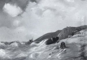 Figures And Vessels Along The Shore In High Seas by Johan Hendrik Meyer