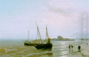 Sailing Vessels On The Shore by Johan Hendrik Meyer