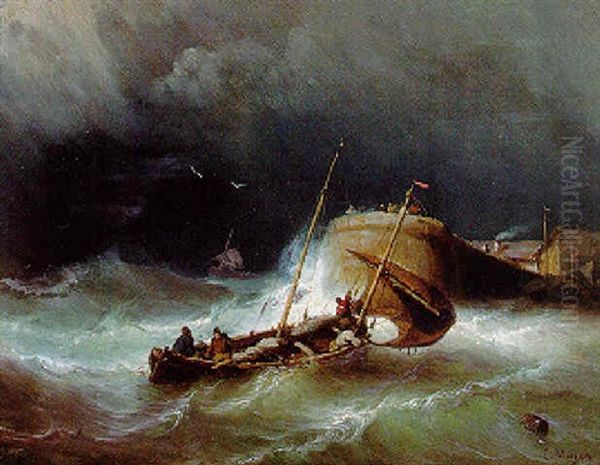 A Fishing Vessel In A Storm Lowering Sail By A Pier - view 1