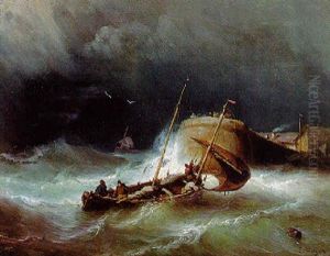 A Fishing Vessel In A Storm Lowering Sail By A Pier by Johan Hendrik Meyer