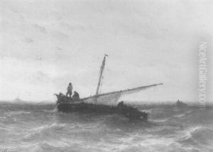 Visserbootje Met Gestreken Zeilen Op Een Kalme Zee by Johan Hendrik Meyer