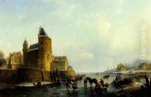 Figures Skating Near A Castle by Johan Hendrik Meyer