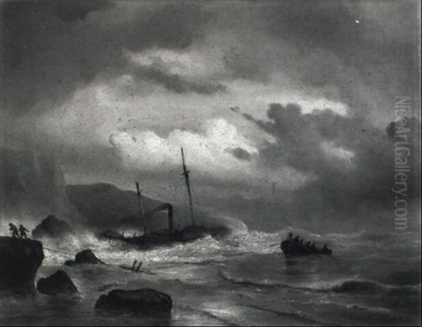 Rocky Coastal Landscape With Sailors Trying To Save A Steamer - view 1